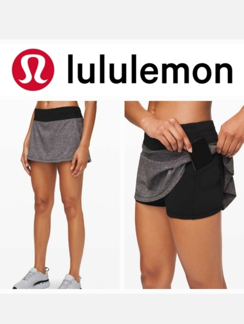 Lululemon Pace Rival Skort No Panels 13" Heather Gray Lux Multi Black Sz 4